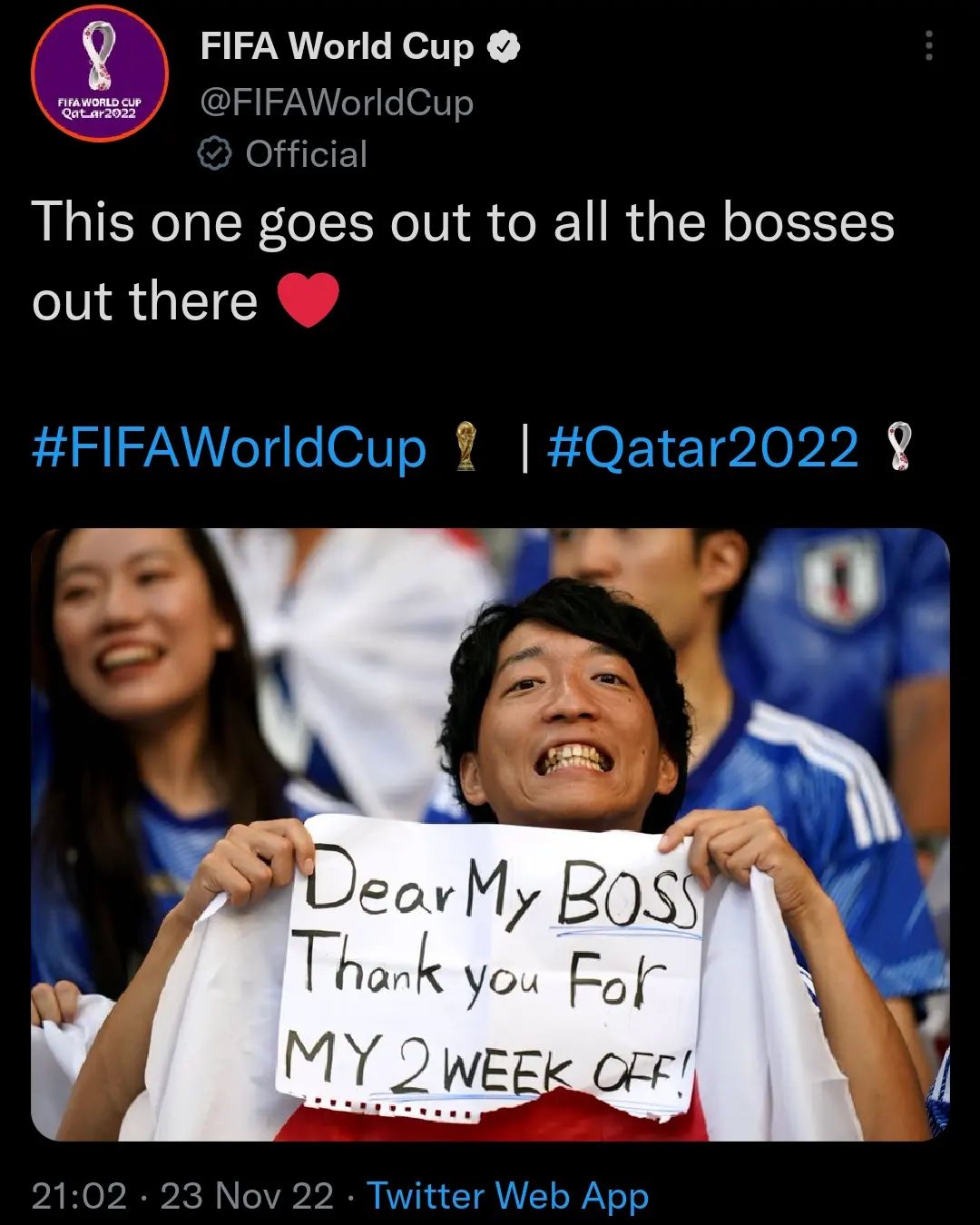 ‘Dear My BOSS Thank you For MY 2 WEEK OFF!’ — Japan World Cup fan’s message goes viral!