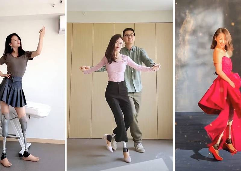 Chinese woman who lost legs in earthquake wears prosthetic limbs made by husband to dance in high heels again