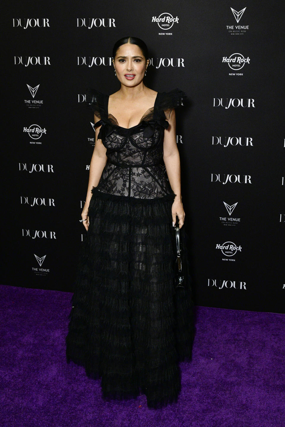 Salma Hayek channels gothic glamour in figure-hugging lace corset dress ...