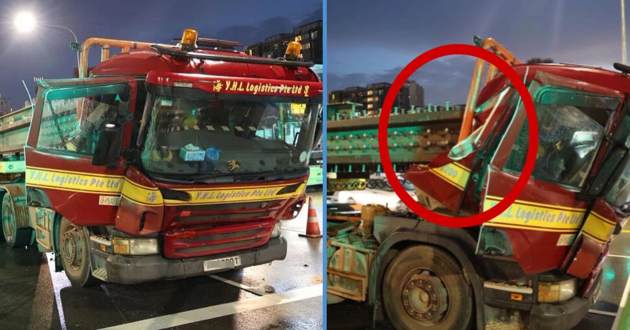 Pillars That a Truck Was Transporting Made a Dent In Driver’s Seat Along Bukit Timah Road