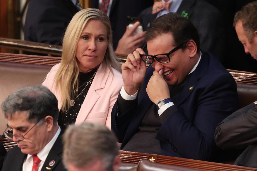 Marjorie Taylor Greene cracks George Santos up during Speaker of the House vote