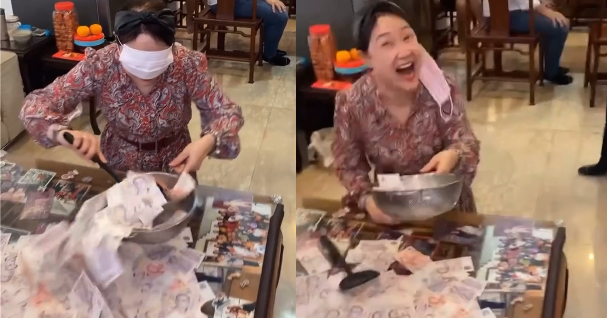 Blindfolded Hong Huifang expertly scoops up pile of notes in CNY money-scooping game