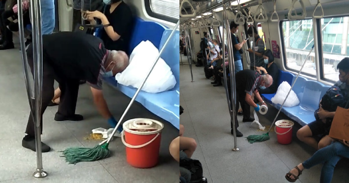 Somebody vomited inside MRT & poor uncle had to clean it up, commended by netizens