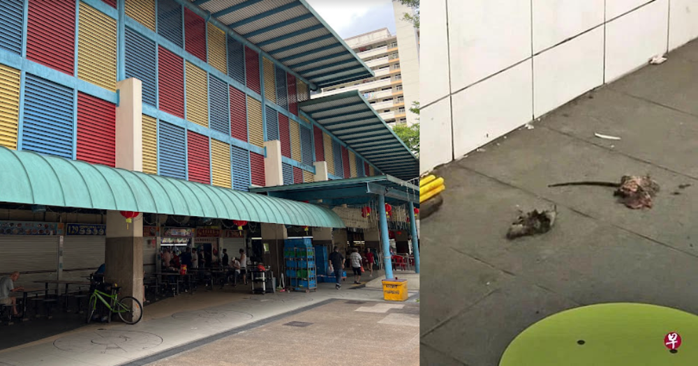 2 rats apparently electrocuted by wires above Telok Blangah hawker stall, causing burnt smell & smoke