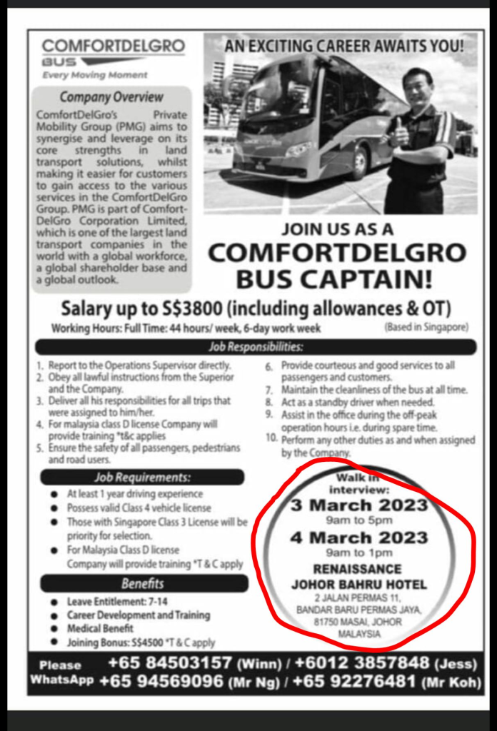 COMFORTDELGRO HIRING BUS CAPTAINS IN JB, SALARY $3800 & $4500 JOINING BONUS