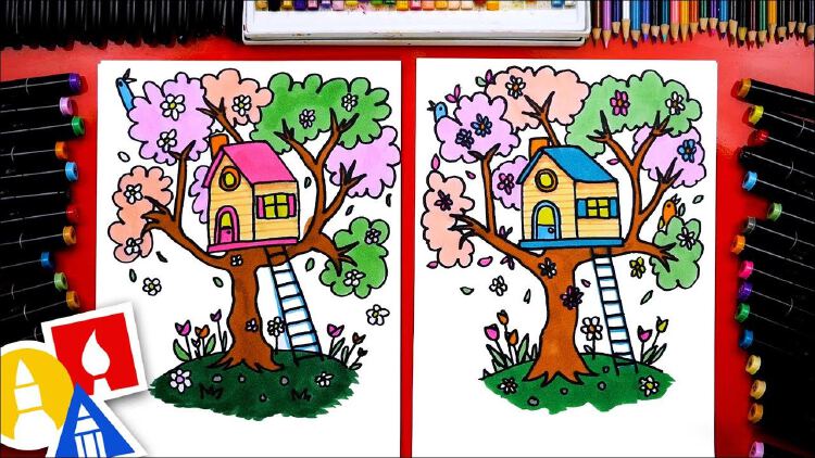 How To Draw A Spring Tree House for Kids and Beginners 