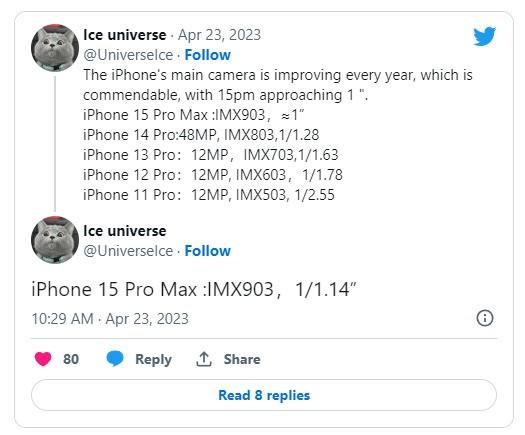 曝苹果iPhone 15 Pro Max将搭载全新48MP索尼摄像头 传感器尺寸比前一代更大
