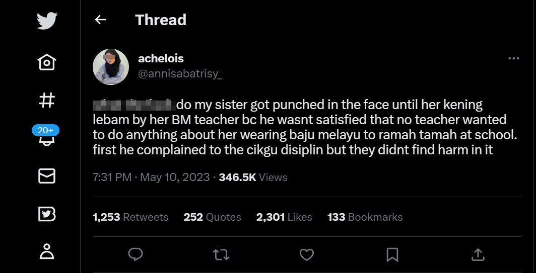 Kuching woman claims male teacher punched younger sister for wearing baju Melayu