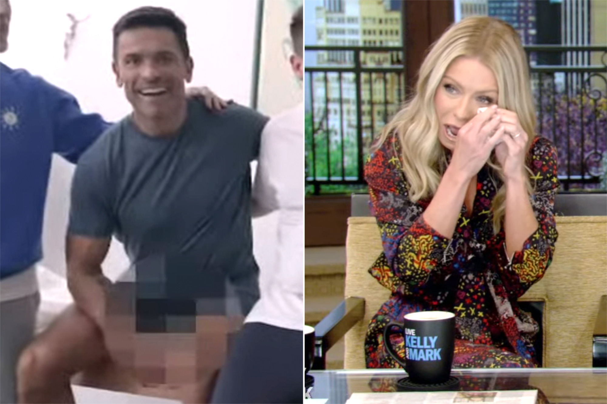 Kelly Ripa cries laughing over Mark Consuelos' pixelated crotch on Live With Kelly & Mark