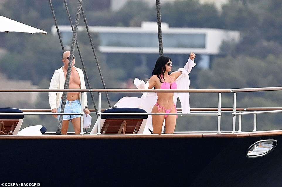 In their Prime! Jeff Bezos bares his muscles and girlfriend Lauren Sanchez rocks a pink bikini as they are pictured relaxing on his $500M love boat off the coast of Spain