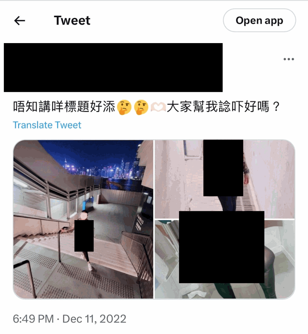 女侍应twitter自称「良家妇女」喜欢露出 涉发佈裸照被捕 足迹遍及沙田公园、M+博物馆