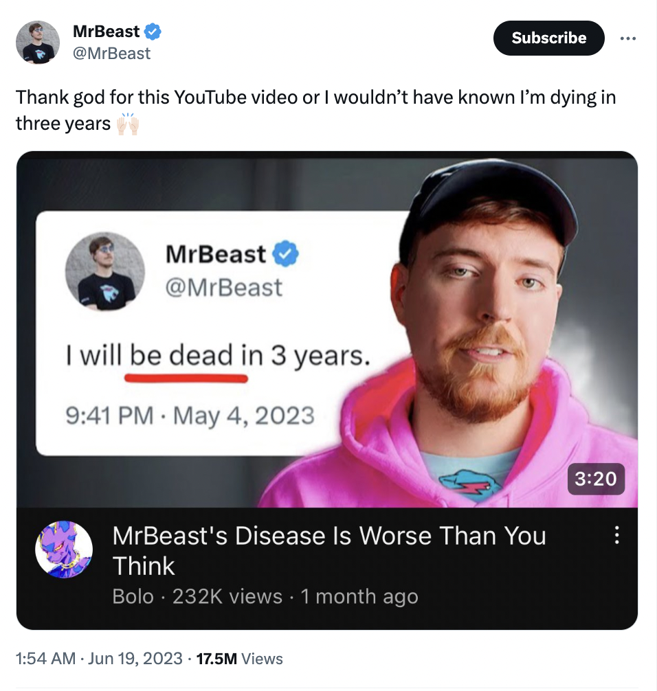 MrBeast calls out YouTubers for photoshopping tweets after death hoax surfaces online