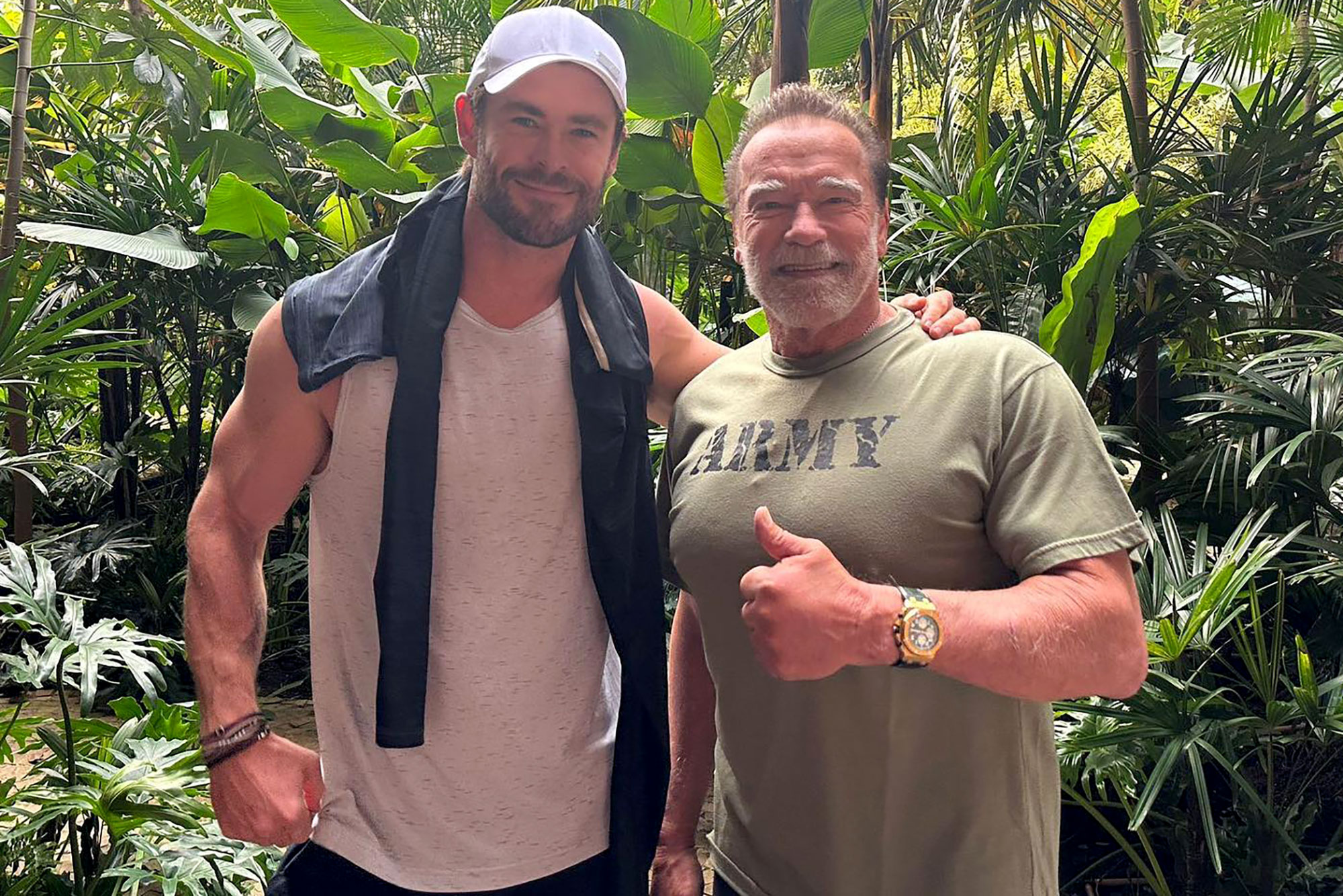 Chris Hemsworth ran into Arnold Schwarzenegger at a gym in Brazil and they worked out together