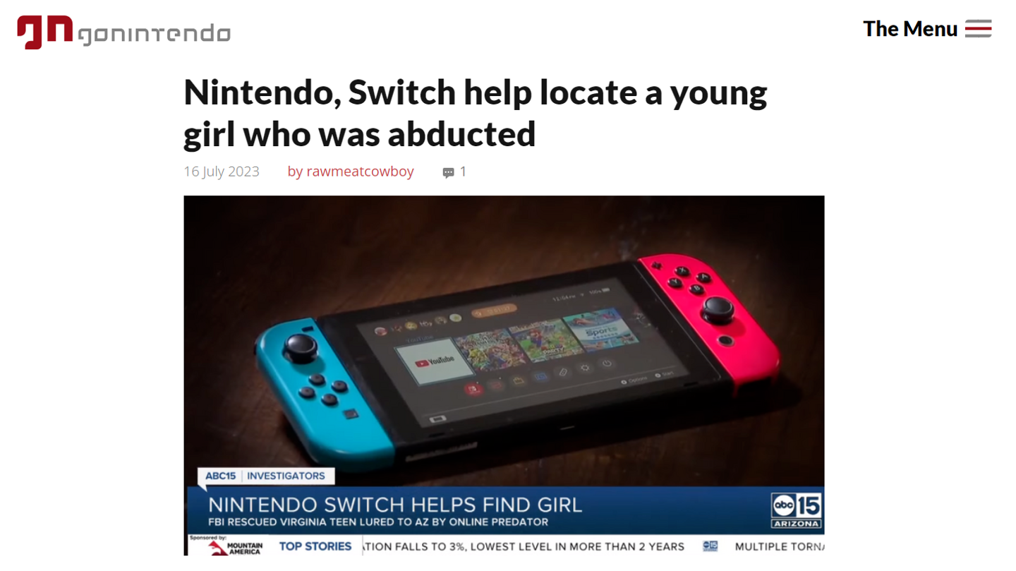 任天堂协助 FBI 侦破一起 15 岁女孩绑架案，Switch 立大功