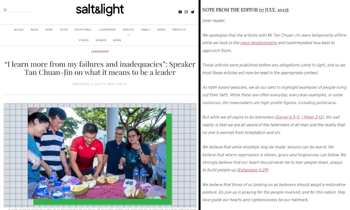Faith-based website apologises for temporarily removing articles about Tan Chuan-Jin