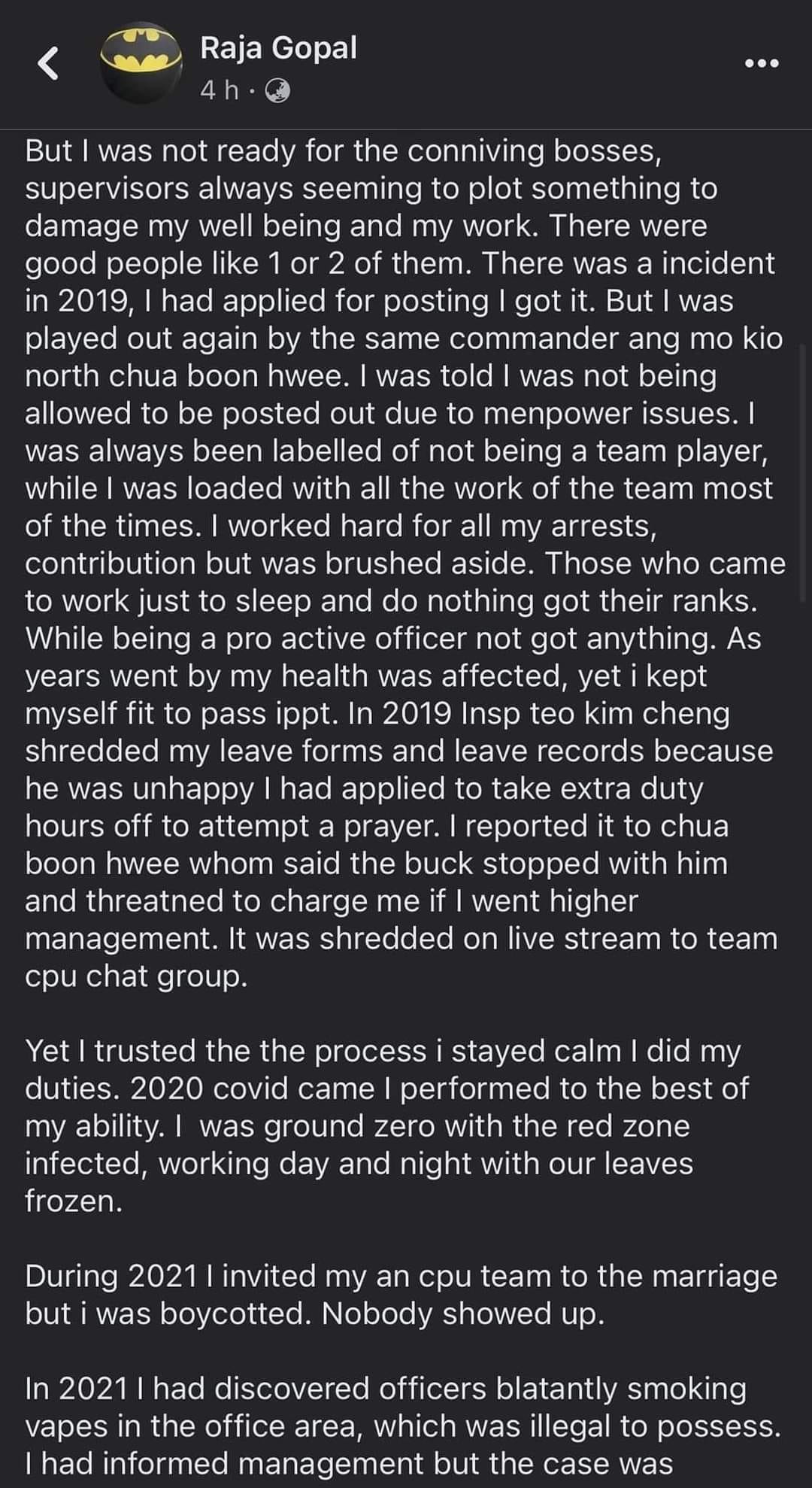 SPF Officer Dies After Posting FB Post of Toxic Work Culture; Police Now Investigating
