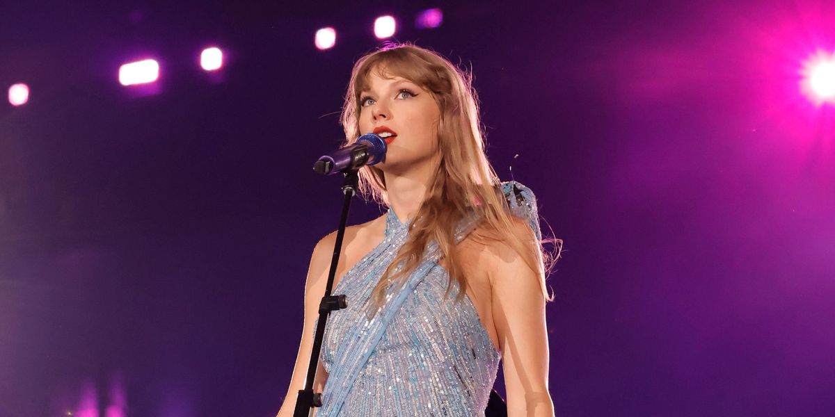 Taylor Swift Wears a Pale Blue Corset Dress to Jack Antonoff’s Wedding