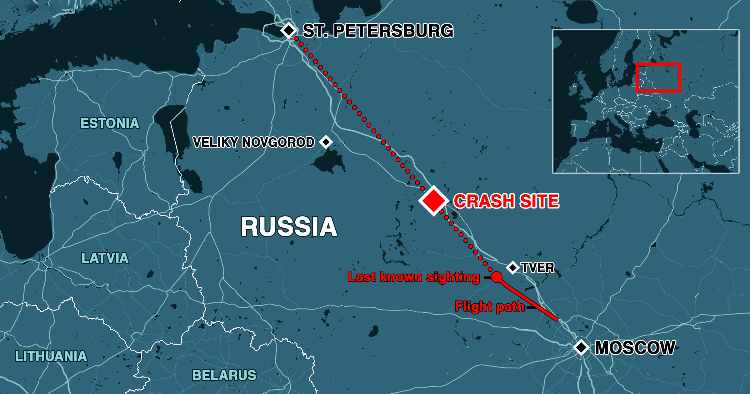 Map shows route of Prigozhin plane’s doomed final flight