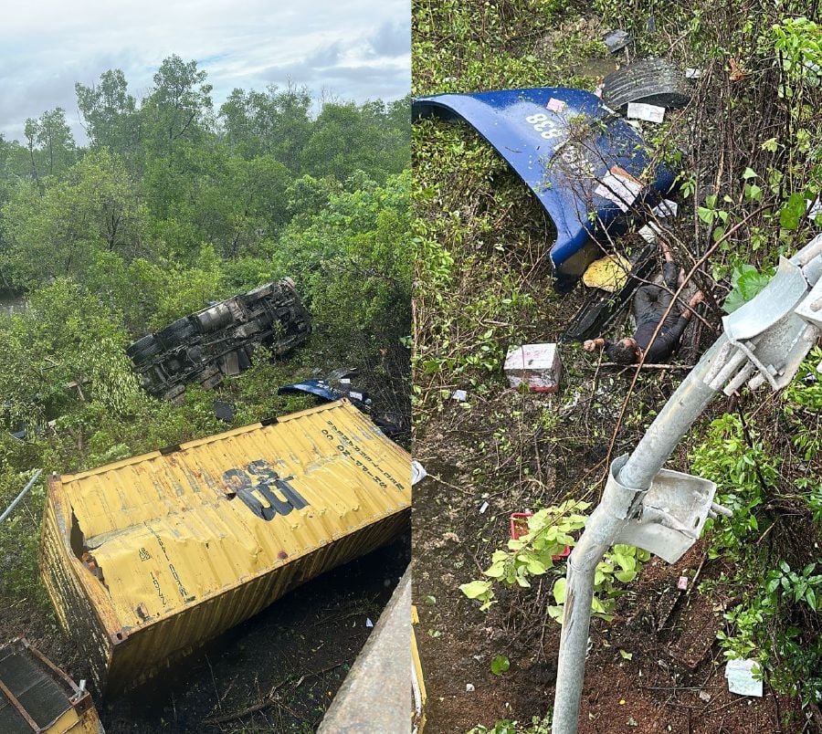 Container lorry plunges 5 metres from flyover into gorge at SKVE Near Pulau Indah Toll