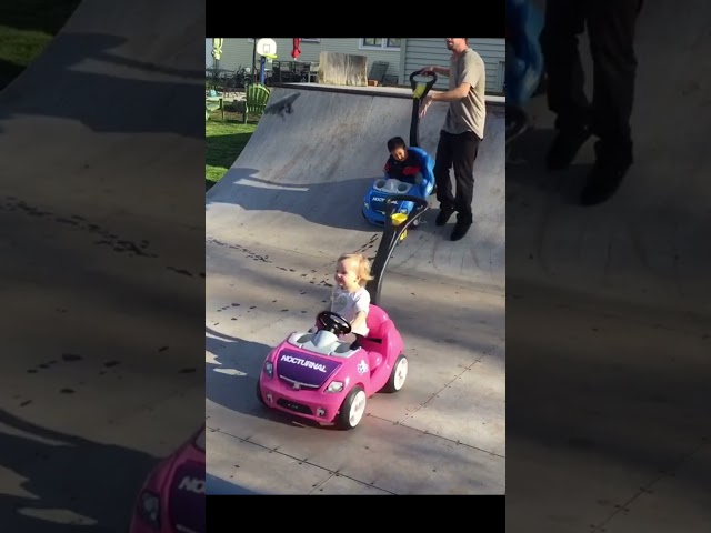 Dad Pushes Kids in Mini Cars on Ramp #hack