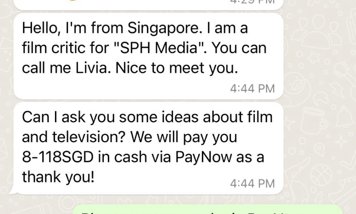 Got a WhatsApp message from SPH Media film critic offering $118 for your ideas? It's a scam