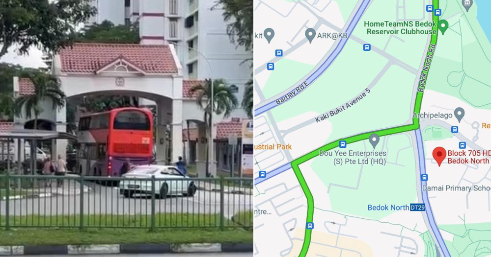 SBS bus makes wrong turn into Bedok HDB estate car park entrance