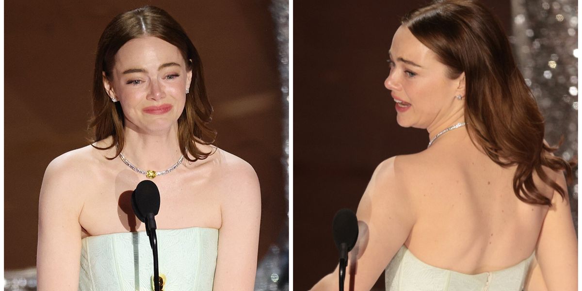 Emma stone deals with 'broken' gown amid emotional Oscar acceptance speech