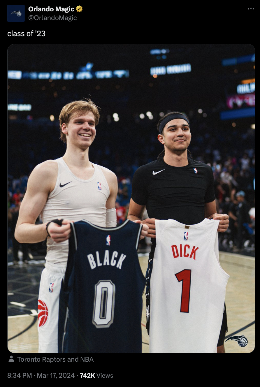 Rookies Anthony Black And Gradey Dick Swapped Jerseys After Raptors-Magic (And Knew What They Were Doing)