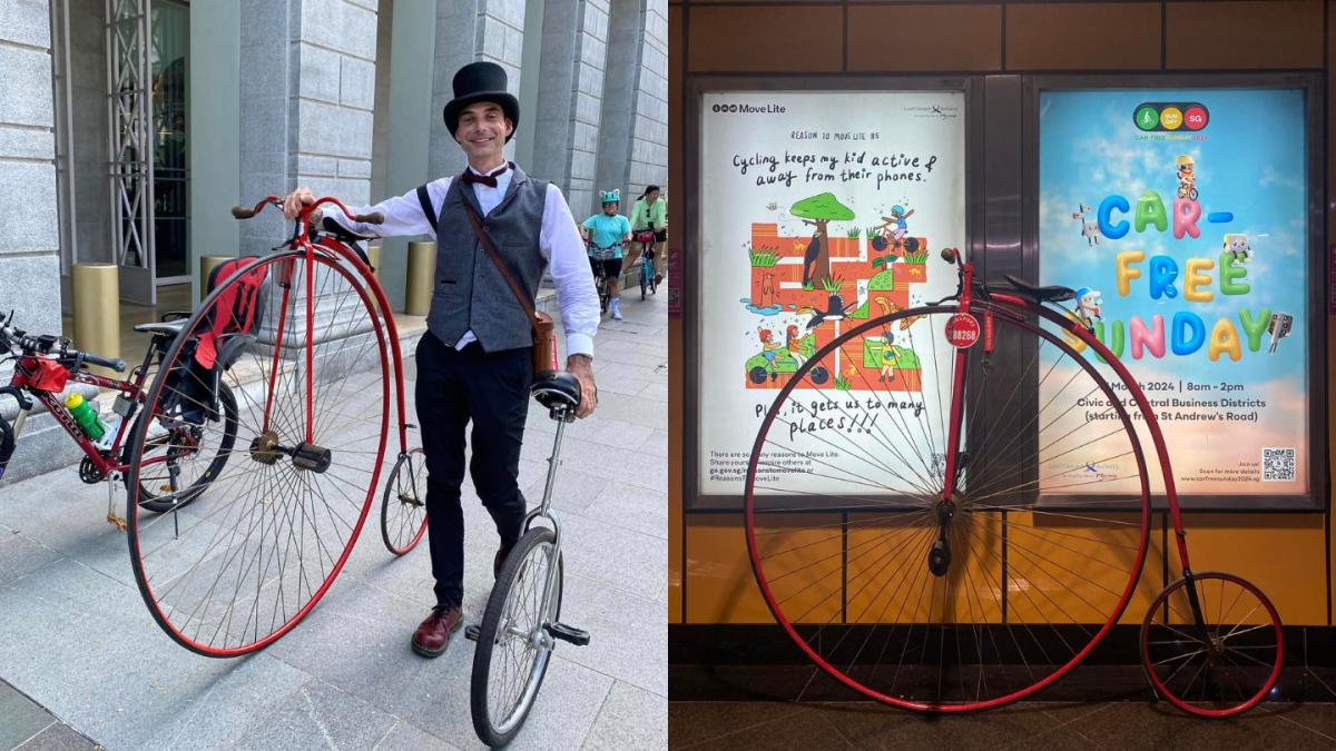 Man spotted riding 145-year-old penny farthing at Singapore's Car-Free Sunday event wants to bring attention to cycling
