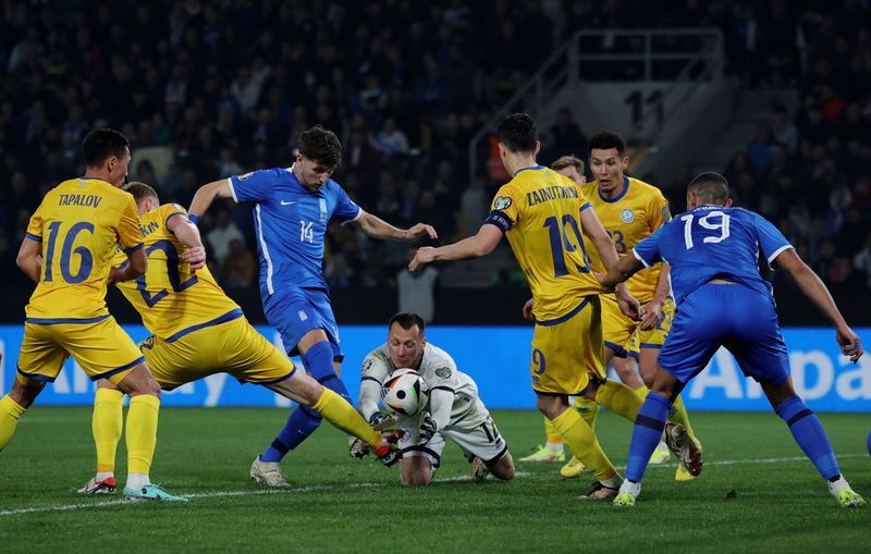 Soccer-Greece thump Kazakhstan 5-0 to reach Euro playoff final