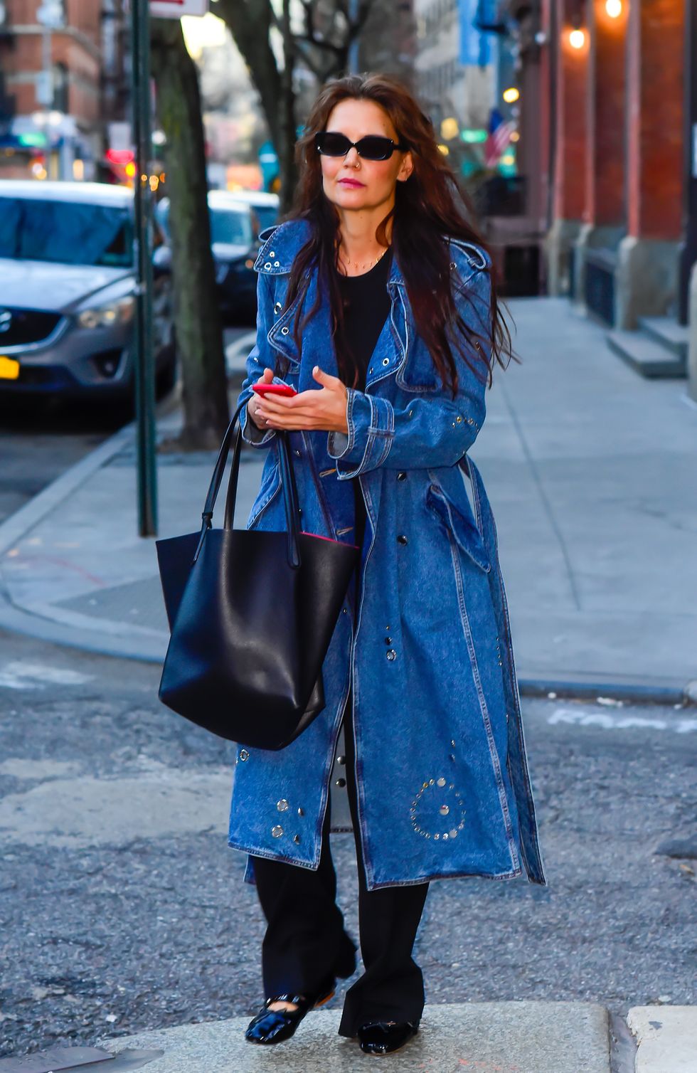 Katie Holmes’s Studded Denim Trench Coat Is Why This Outfit Works