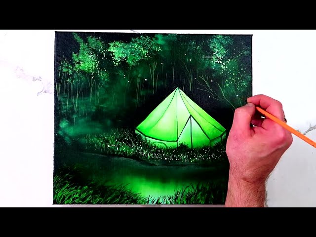 Light Up The Night | Painting glowing tent in the dark forest by the pond | Acrylics