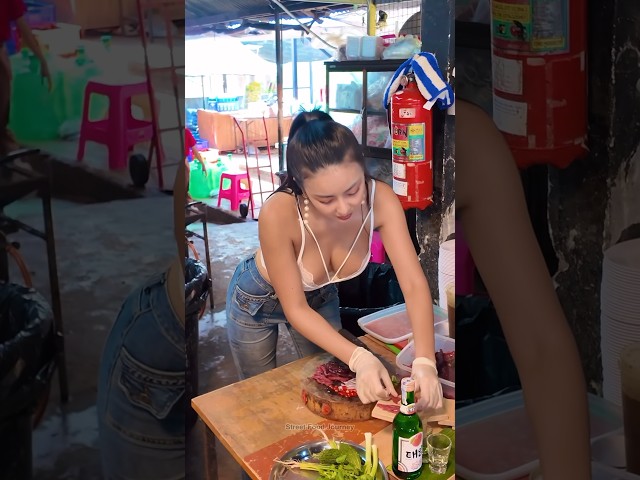 Beautiful Lady Prepares Thai Raw Beef Salad