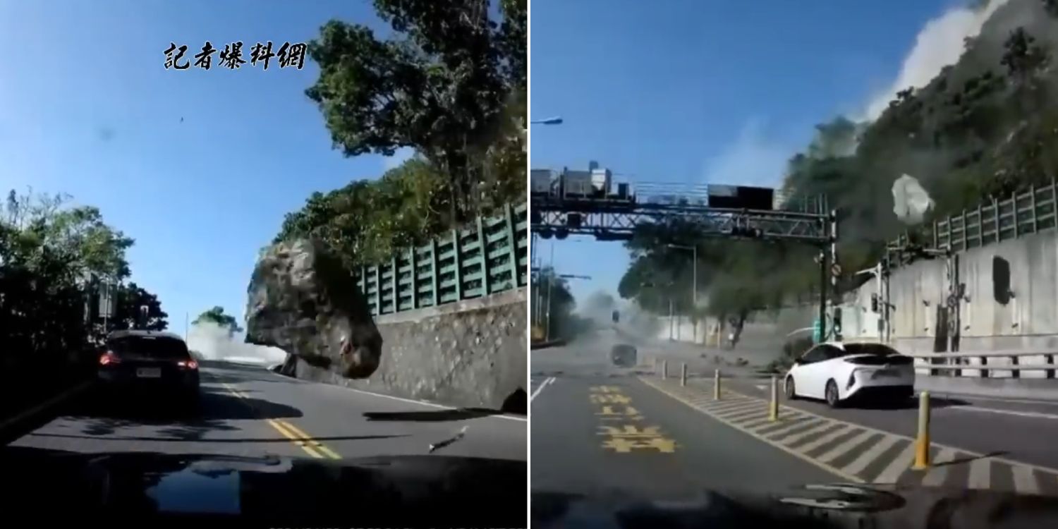 Car in Taiwan narrowly escapes being squashed as boulders ‘rained’ onto mountainside road after earthquake