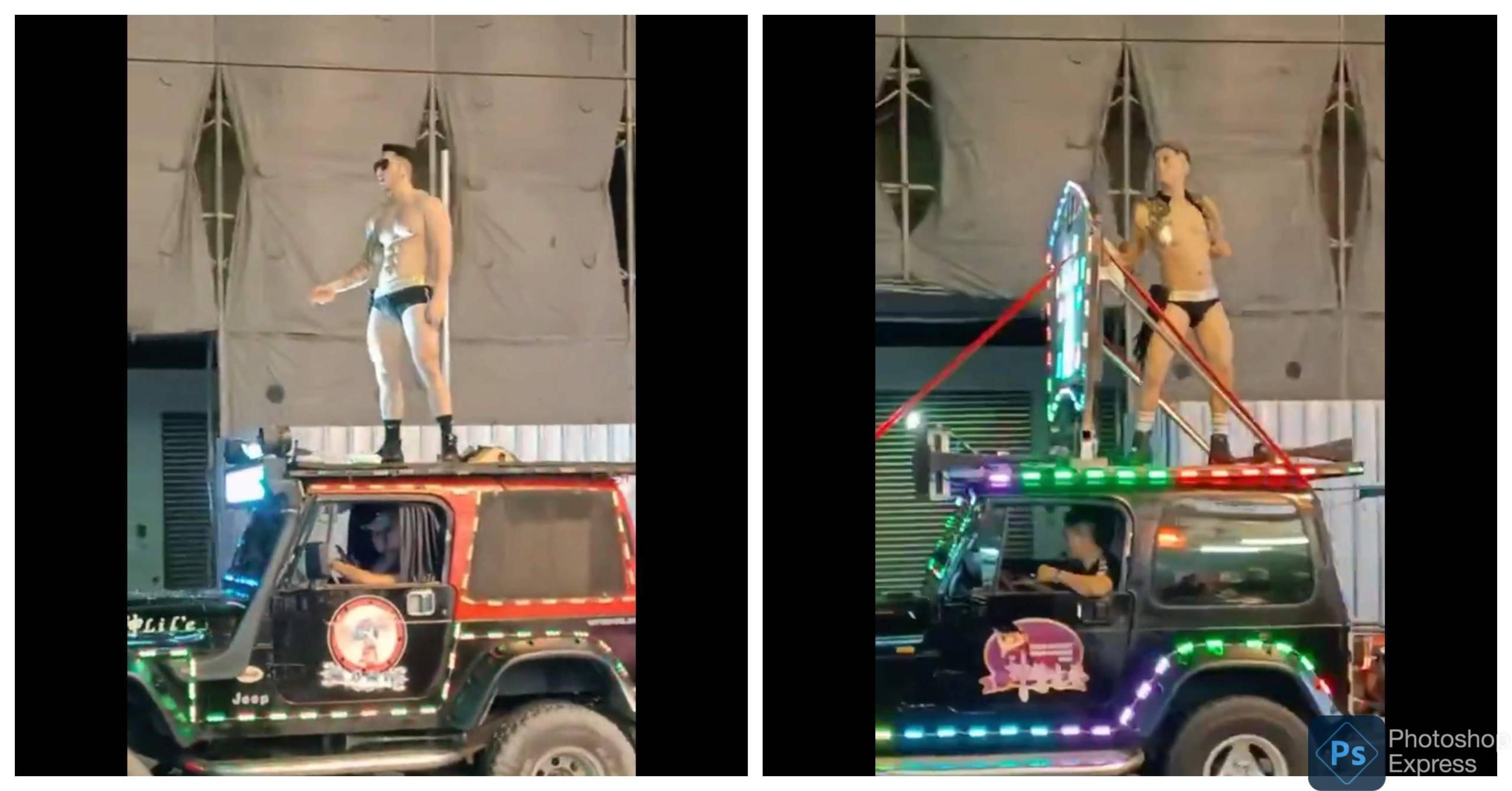 TAIWAN MEN POLE DANCING ON TOP OF CARS IN CONVOY