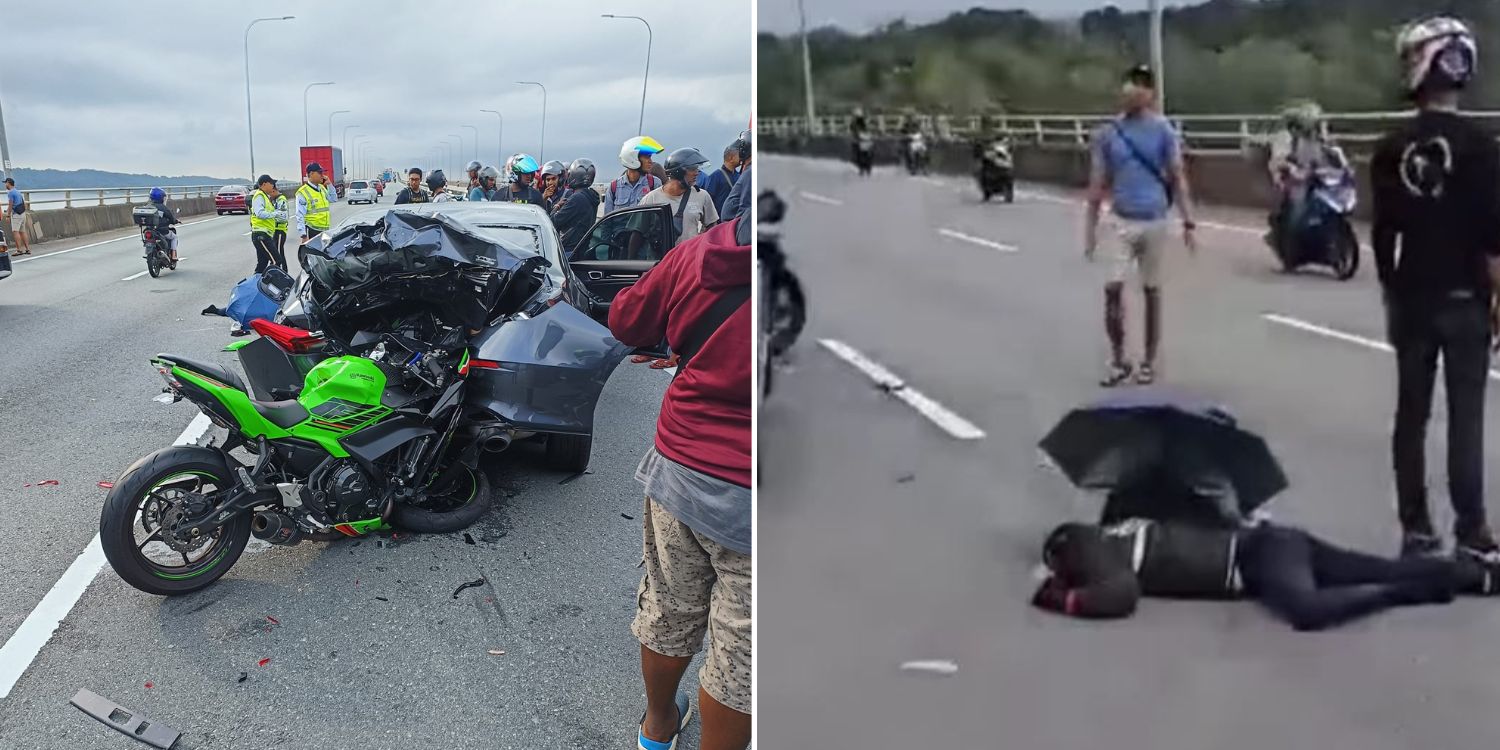 Motorcycle crashes into rear end of car at tuas second link, rider flung onto road