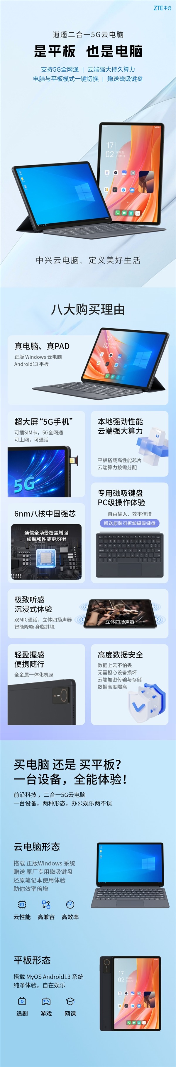 搭载紫光展锐国产芯！中兴二合一5G云电脑“逍遥”系列上架：1899元起