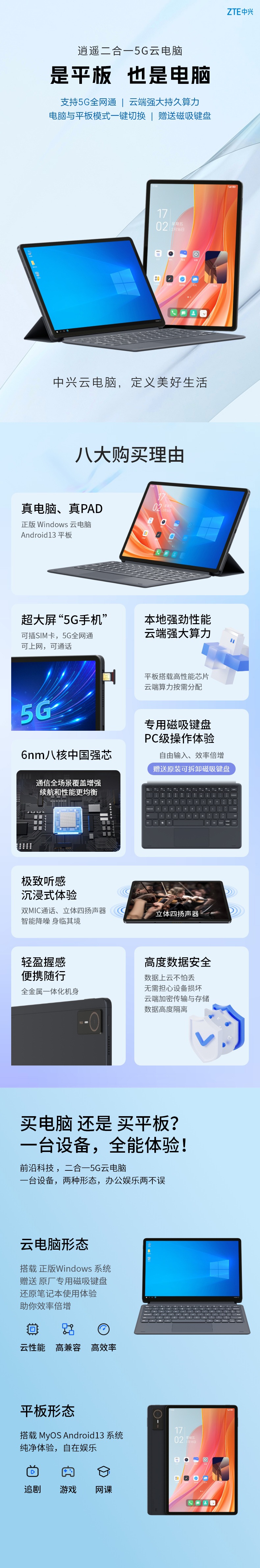 中兴二合一5G云电脑“逍遥”系列上架，1899元起售