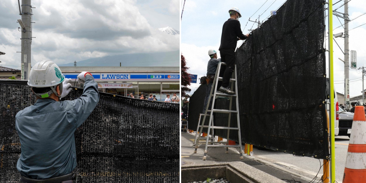 Mesh barrier blocking mount fuji at popular tourist photo spot erected on 21 May