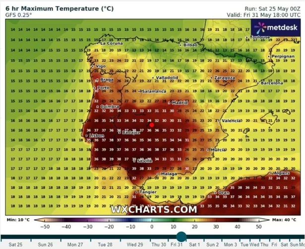 Brits travelling to Spain warned as temperatures set to hit 40C and weather maps turn dark red