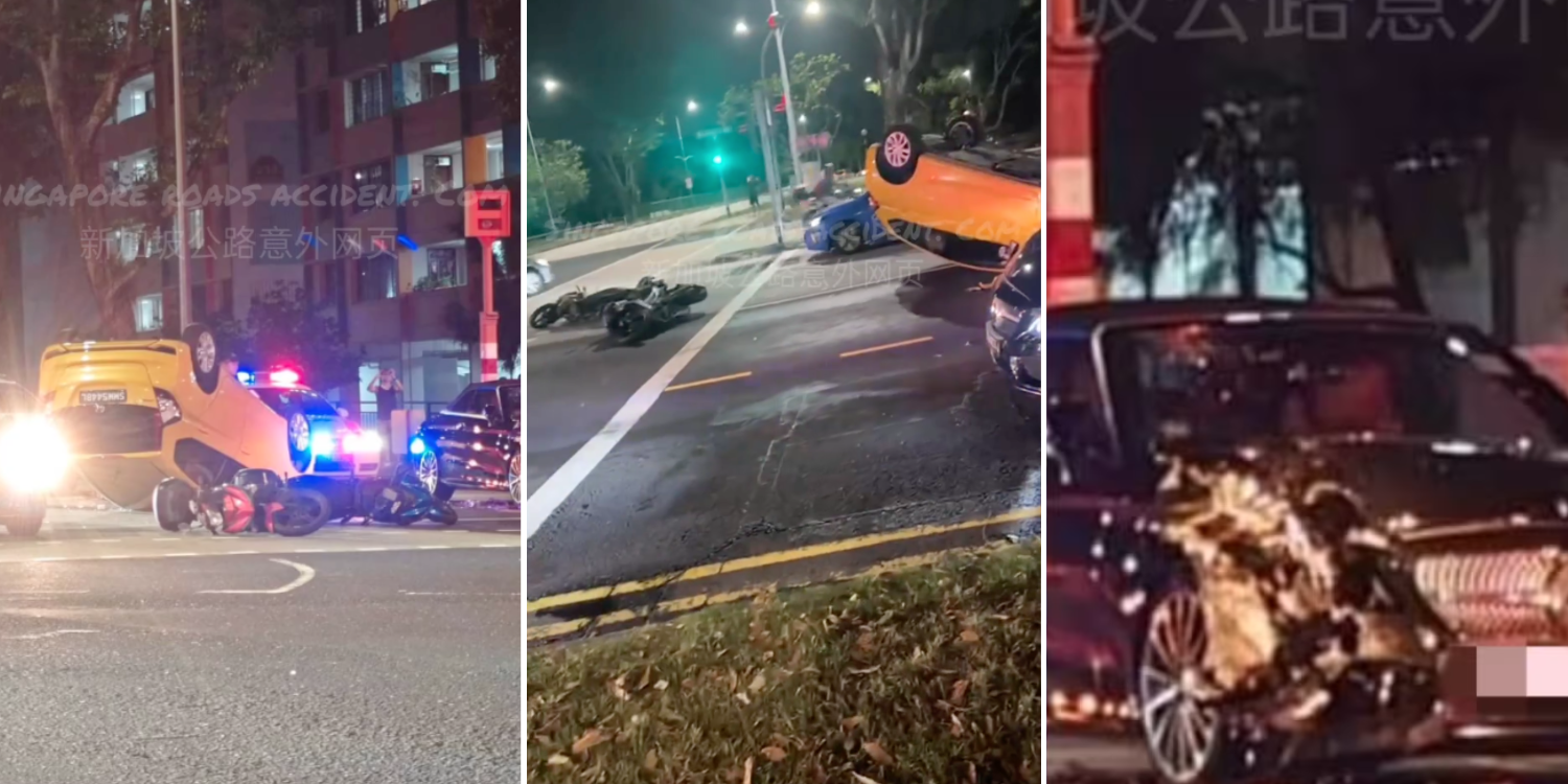 Car overturns in collision involving 3 cars and 2 motorcycles at Serangoon junction, 4 people sent to hospital