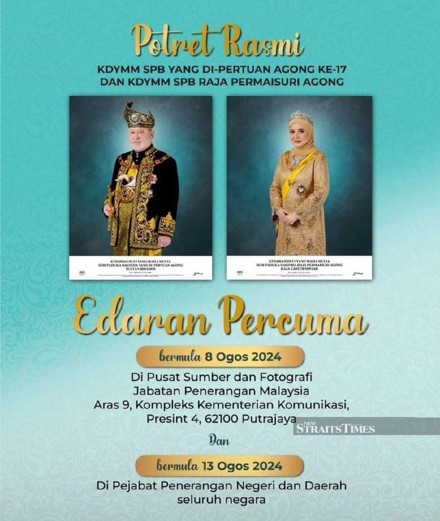 Johor Information Department to distribute official portrait of 17th Yang di-Pertuan Agong starting Aug 13
