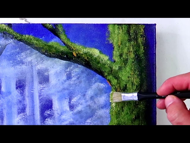 Big Mossy Trees on Ultramarine Background | Acrylics | Step by step painting techniques