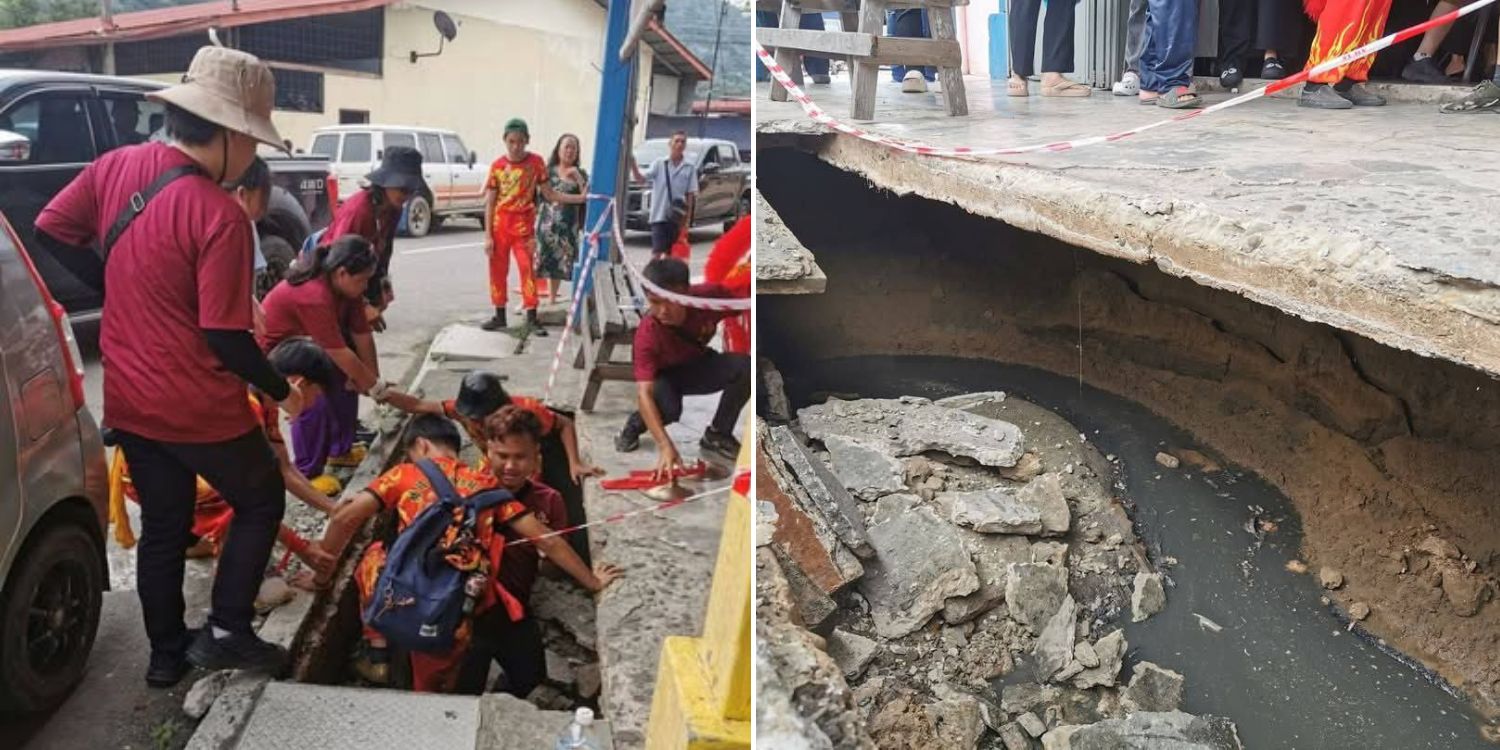 Lion dancers in M’sia fall into 1-metre-deep sinkhole after ground collapses during performance