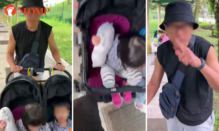 Man pushing stroller with two toddlers charges at pedestrian, calls him 'young punk'