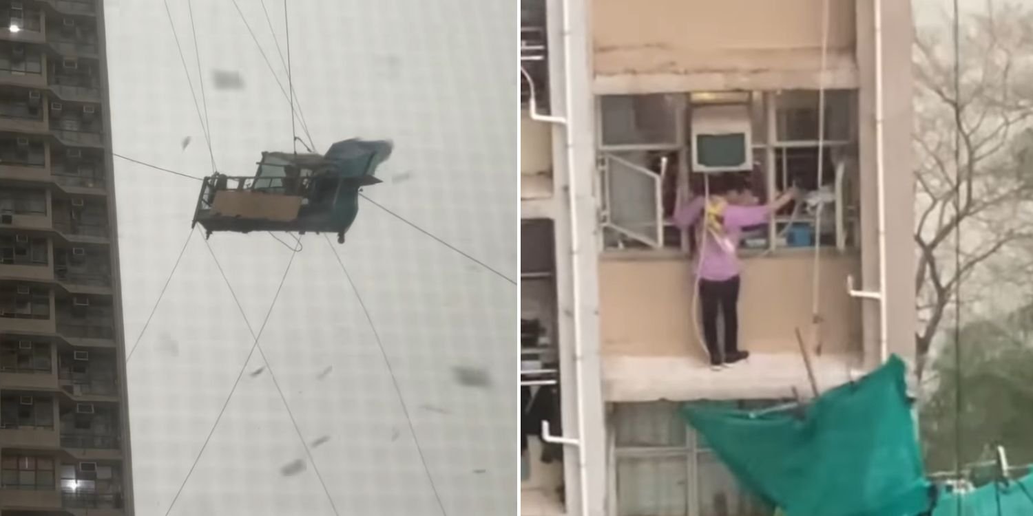 Worker clings for life on dangling gondola as strong winds hit Hong Kong at 110km/h