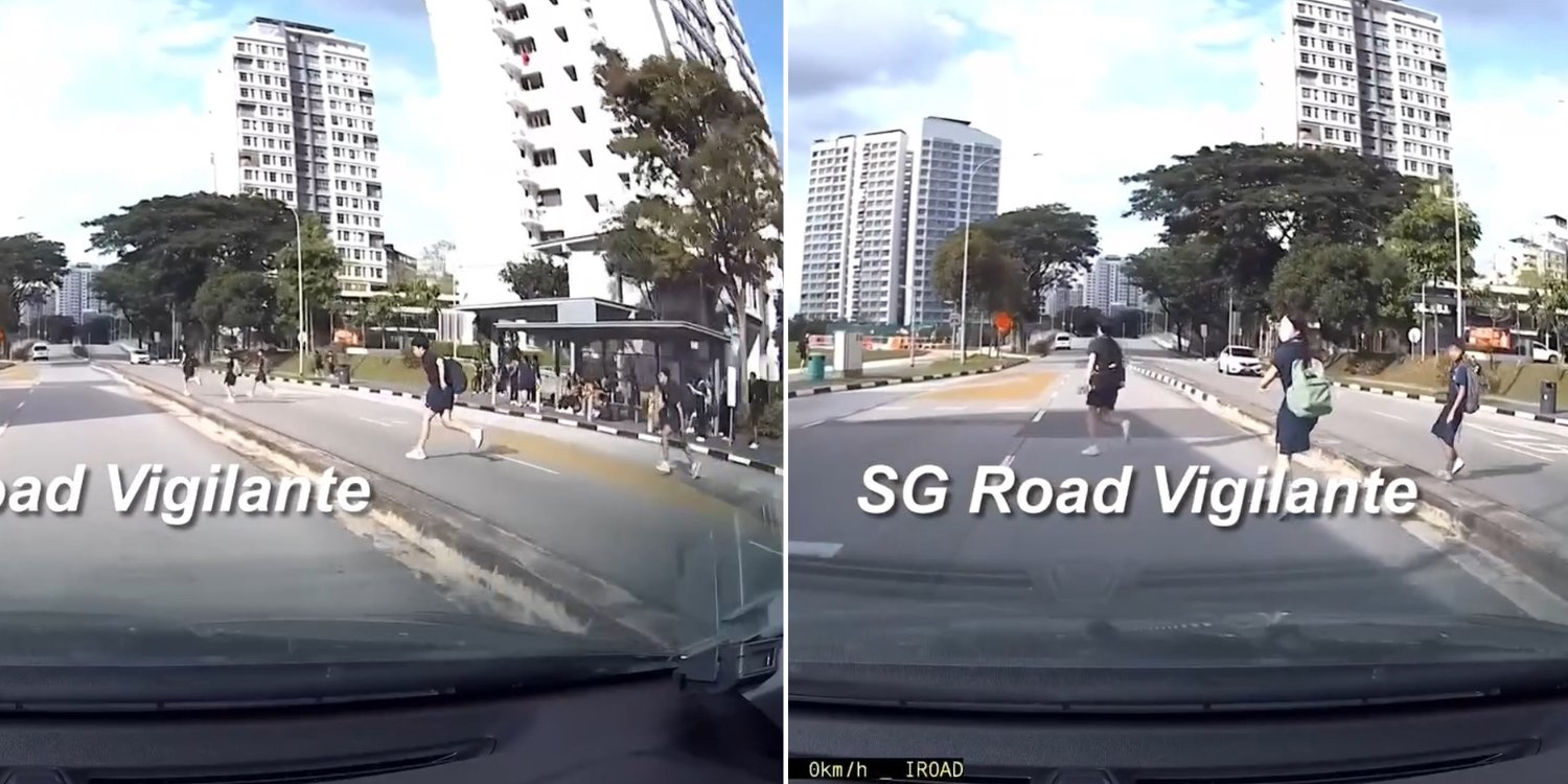 Secondary school students rush across road in punggol, car brakes to avoid hitting them