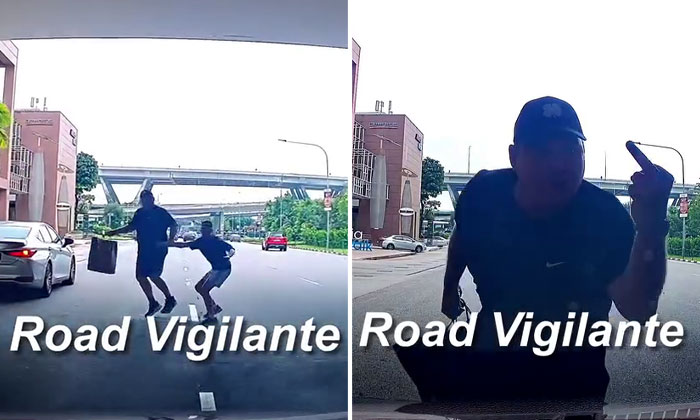 Jaywalker with child nearly hit by car at Raffles Boulevard, points middle finger at driver