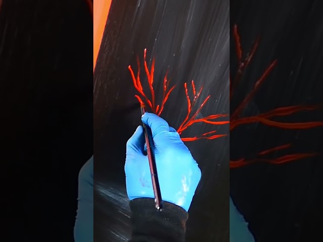 How to paint red tree on black background, easy acrylic painting for beginners #paintwithlove #art ￼
