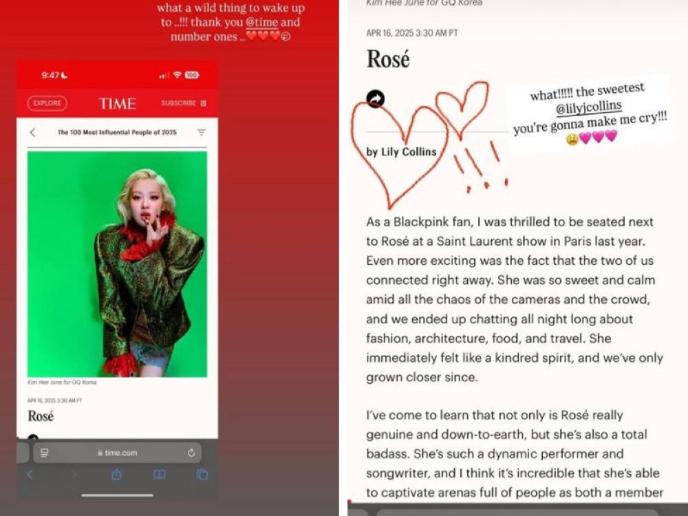 Time names Blackpink’s Rosé among world’s top 100 influencers for shaping pop culture as Lily Collins hails K-pop star’s strength and authenticity